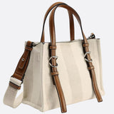 Canvas Tote Handbag with Leather Straps and Shoulder Belt