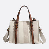 Canvas Tote Handbag with Leather Straps and Shoulder Belt