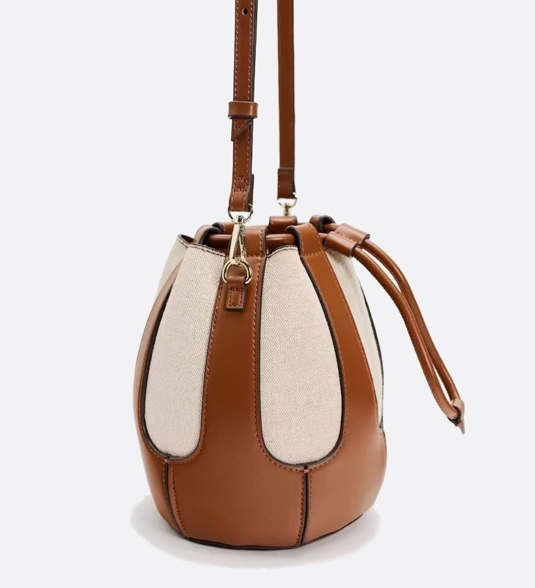 Mila Leather & Canvas Bucket Bag – Structured Drawstring
