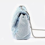 Nova Denim Chevron Crossbody – Frayed Jean Shoulder Bag with Chain Strap