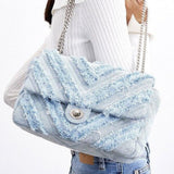 Nova Denim Chevron Crossbody – Frayed Jean Shoulder Bag with Chain Strap
