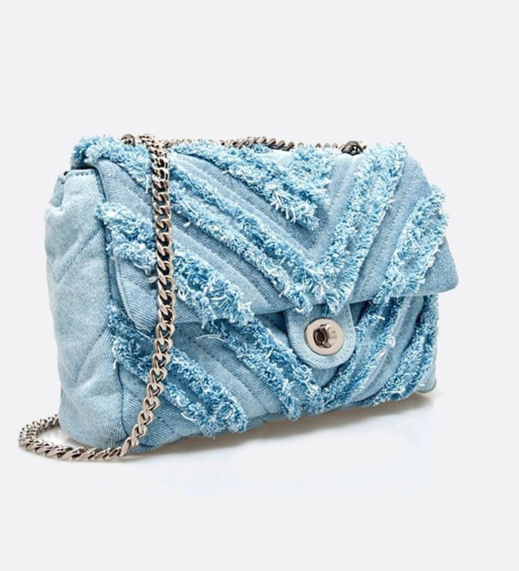 Nova Denim Chevron Crossbody – Frayed Jean Shoulder Bag with Chain Strap