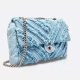 Nova Denim Chevron Crossbody – Frayed Jean Shoulder Bag with Chain Strap