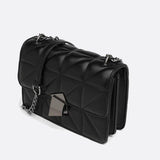 Geometric Clasp Quilted Crossbody Bag – Black Faux Leather Shoulder Bag