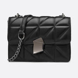 Geometric Clasp Quilted Crossbody Bag – Black Faux Leather Shoulder Bag