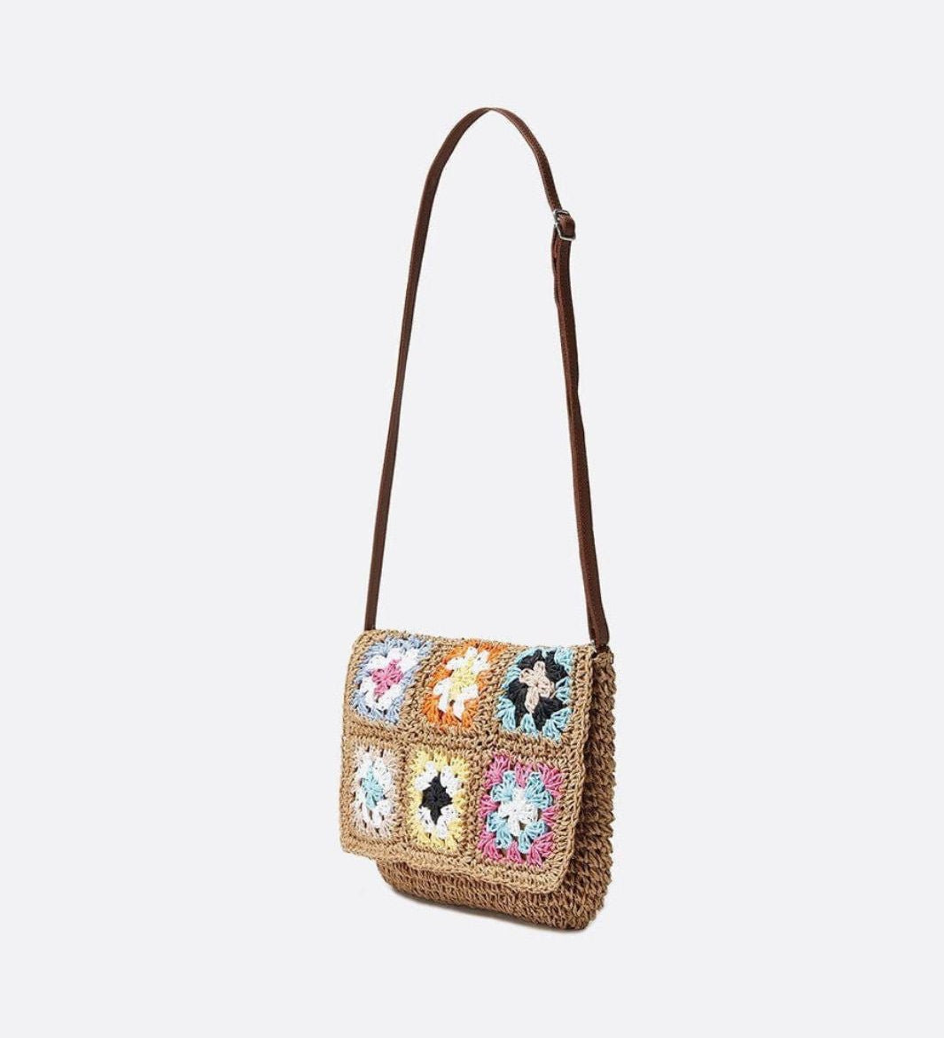 Crochet Patchwork Flap Woven Crossbody Bag