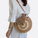 Round Woven Crossbody Bag with Patterned Flap – Boho Chic