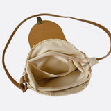 Round Woven Crossbody Bag with Patterned Flap – Boho Chic