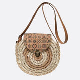 Round Woven Crossbody Bag with Patterned Flap – Boho Chic