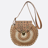 Round Woven Crossbody Bag with Patterned Flap – Boho Chic