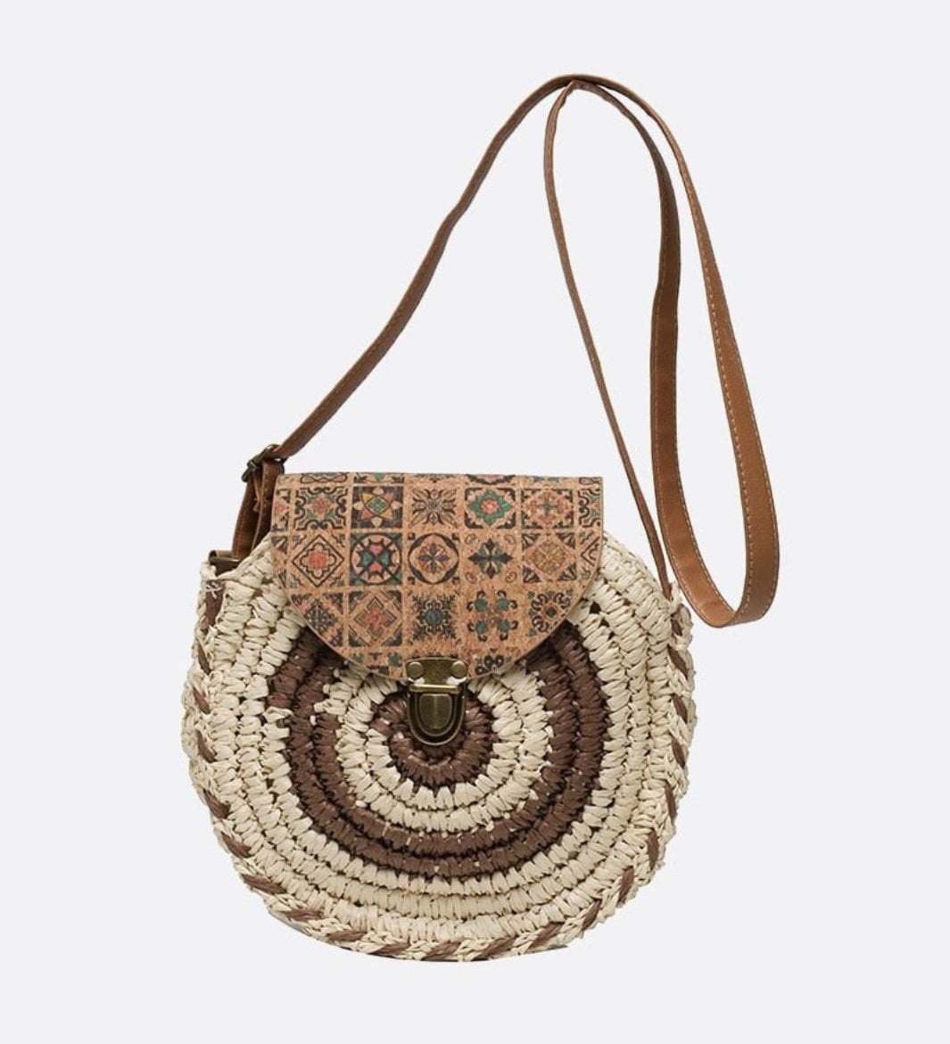 Round Woven Crossbody Bag with Patterned Flap – Boho Chic