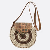 Round Woven Crossbody Bag with Patterned Flap – Boho Chic