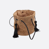 Woven Drawstring Bucket Bag with Tassels