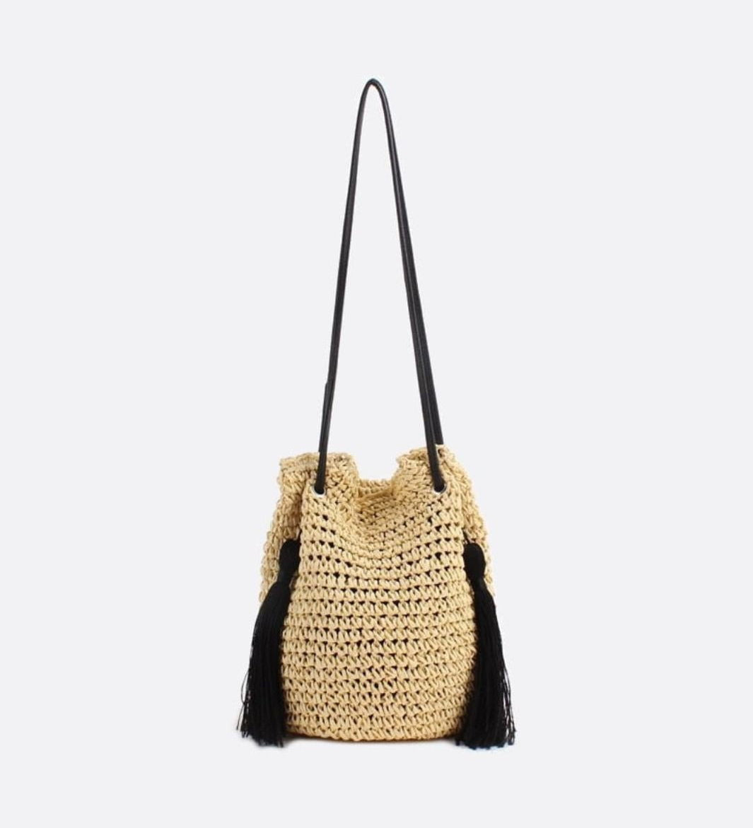 Woven Drawstring Bucket Bag with Tassels