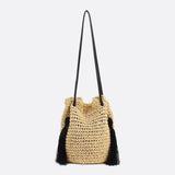 Woven Drawstring Bucket Bag with Tassels