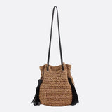 Woven Drawstring Bucket Bag with Tassels