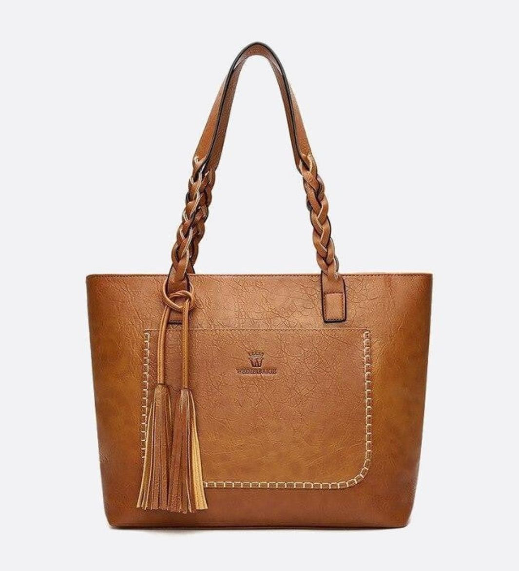 Boho Leather Tote Bag – Braided Straps & Tassel Charm