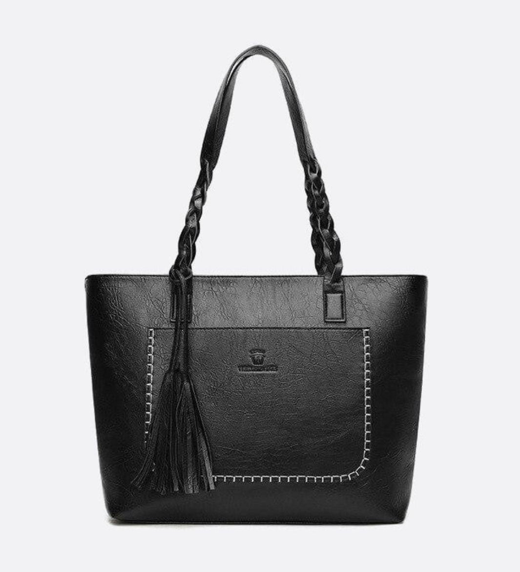 Boho Leather Tote Bag – Braided Straps & Tassel Charm