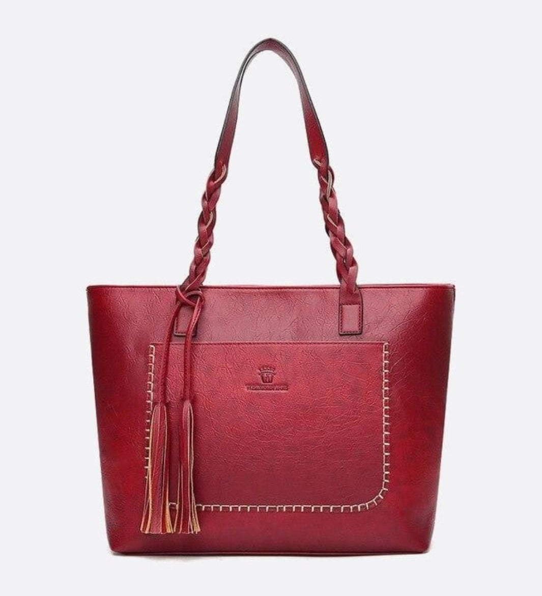 Boho Leather Tote Bag – Braided Straps & Tassel Charm