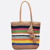 Striped Woven Tote Bag with Tassel Detail