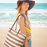 Striped Woven Tote Bag with Faux Leather Handles