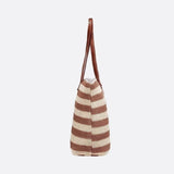 Striped Woven Tote Bag with Faux Leather Handles