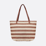 Striped Woven Tote Bag with Faux Leather Handles