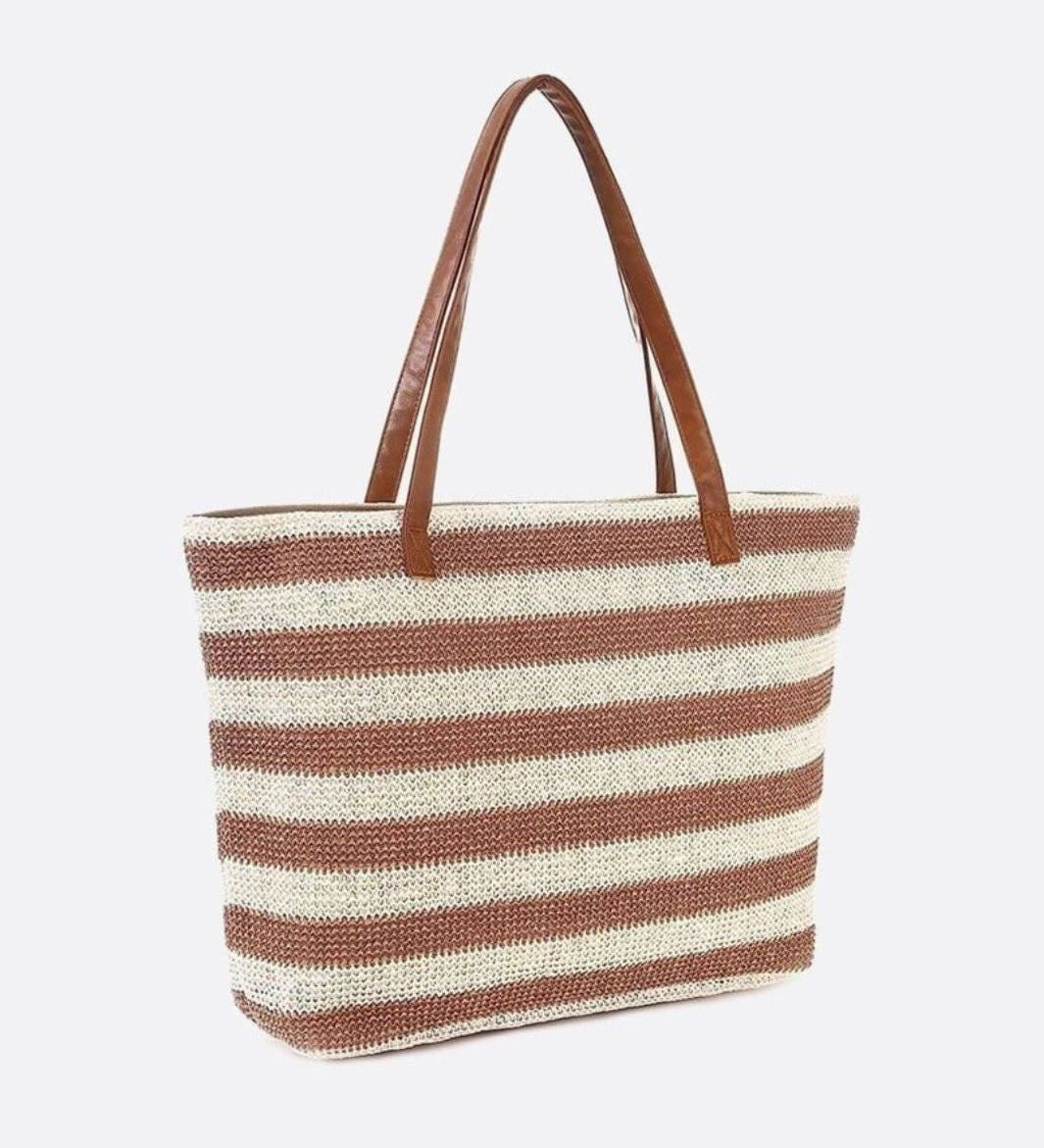 Striped Woven Tote Bag with Faux Leather Handles
