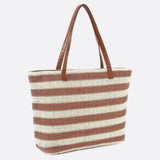 Striped Woven Tote Bag with Faux Leather Handles