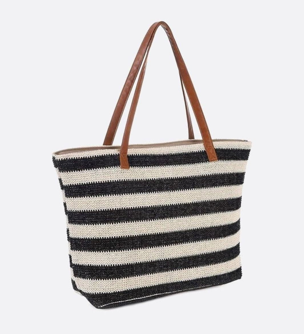 Striped Woven Tote Bag with Faux Leather Handles