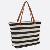 Striped Woven Tote Bag with Faux Leather Handles