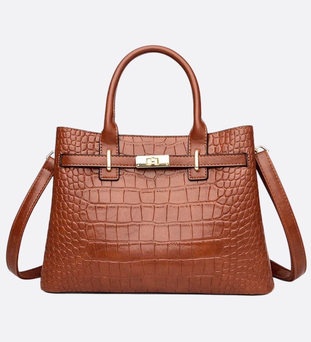 Valencia Croc-Embossed Leather Tote – Structured Top Handle Bag with Lock Detail