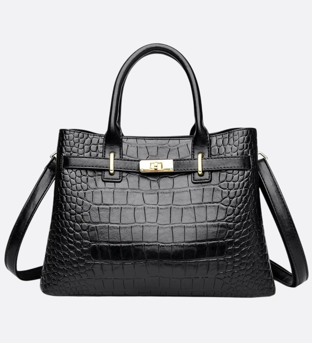 Valencia Croc-Embossed Leather Tote – Structured Top Handle Bag with Lock Detail