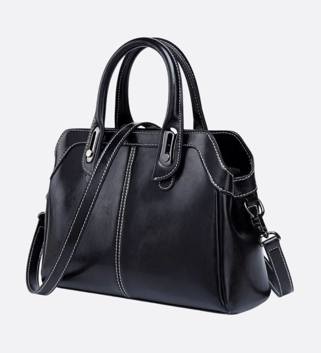 Vintage Leather Handbag with Top Handle and Detachable Strap