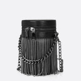 Black Cylinder PU Leather Fringe Bag – Edgy, Glam & Statement-Making