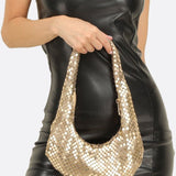 Shoulder bag with sequin mesh and curved silhouette
