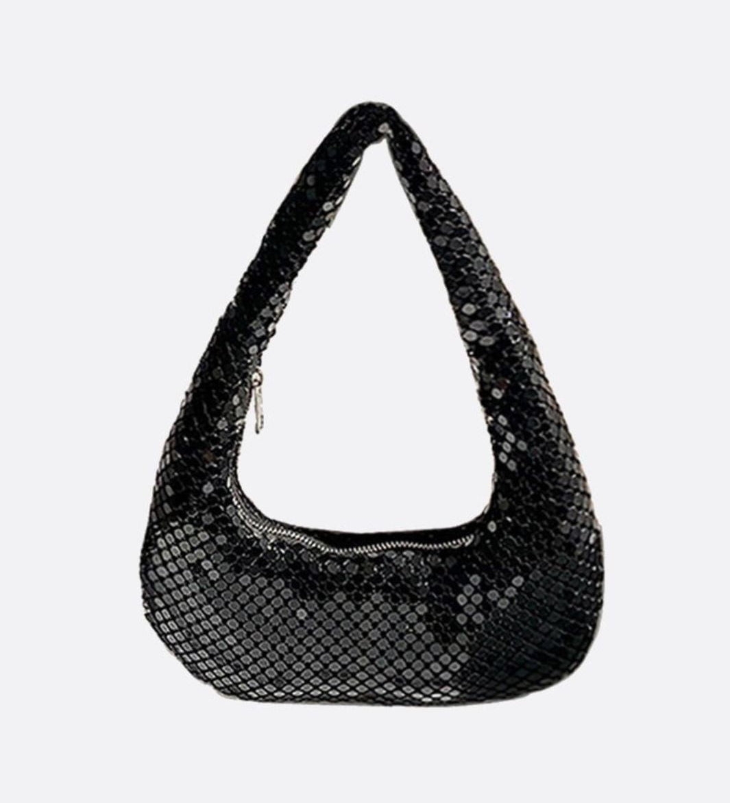 Shoulder bag with sequin mesh and curved silhouette