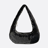 Shoulder bag with sequin mesh and curved silhouette
