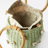Luna Mini Gem-Embellished Bucket Bag – Woven Handle Purse
