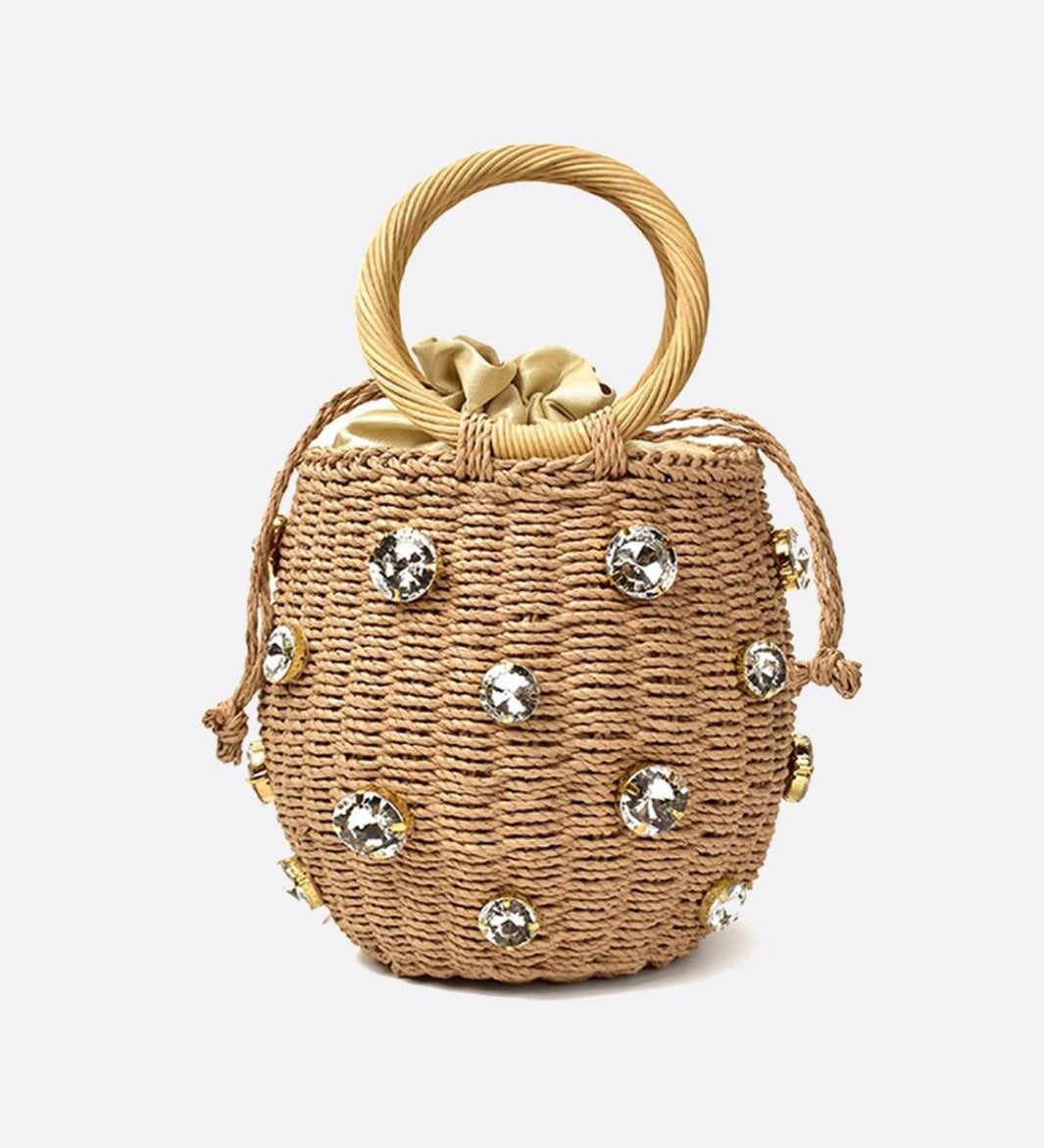 Luna Mini Gem-Embellished Bucket Bag – Woven Handle Purse