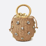Luna Mini Gem-Embellished Bucket Bag – Woven Handle Purse
