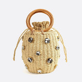 Luna Mini Gem-Embellished Bucket Bag – Woven Handle Purse