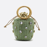 Luna Mini Gem-Embellished Bucket Bag – Woven Handle Purse