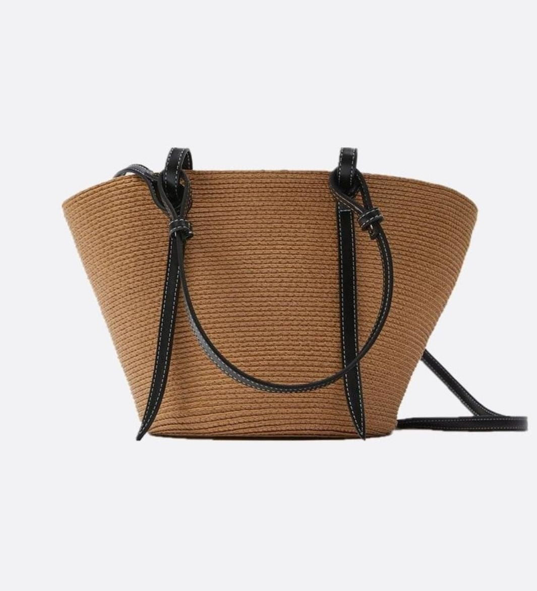 Sienna Two-Tone Woven Tote – Black & Camel Straw Bag