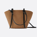 Sienna Two-Tone Woven Tote – Black & Camel Straw Bag