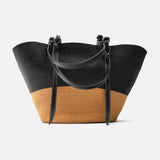 Sienna Two-Tone Woven Tote – Black & Camel Straw Bag