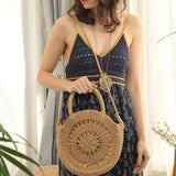 Round Handwoven Cord Bag – Boho Tote with Dual Handles & Strap