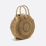 Round Handwoven Cord Bag – Boho Tote with Dual Handles & Strap