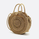 Round Handwoven Cord Bag – Boho Tote with Dual Handles & Strap