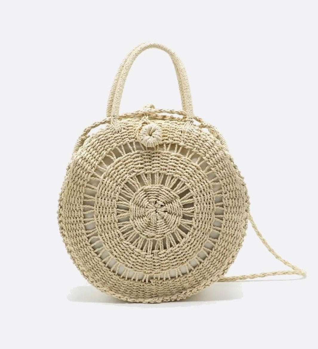 Round Handwoven Cord Bag – Boho Tote with Dual Handles & Strap